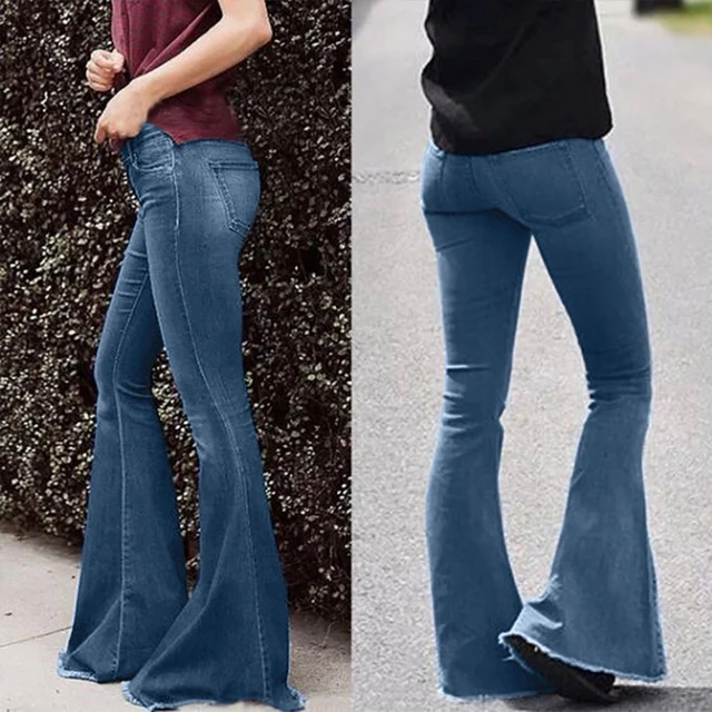 Sexy Mid Waisted Stretch Flared Pants Women Slim Fit Denim Jeans Wide Leg  Casual Korean Style Skinny Bell Bottom Pocket Trousers - AliExpress