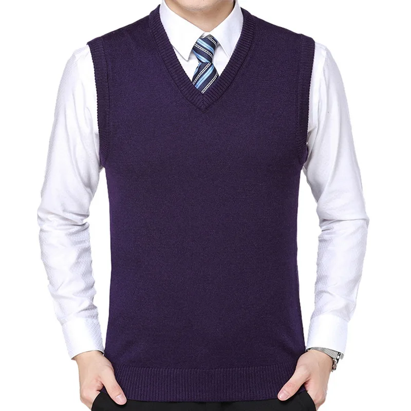 CYSINCOS, новинка, Хлопковый вязаный пуловер для мужчин, v-образный вырез, без рукавов, формальный, деловой, для мужчин, Повседневный, Однотонный свитер, мужские свитера, жилет - Цвет: purple
