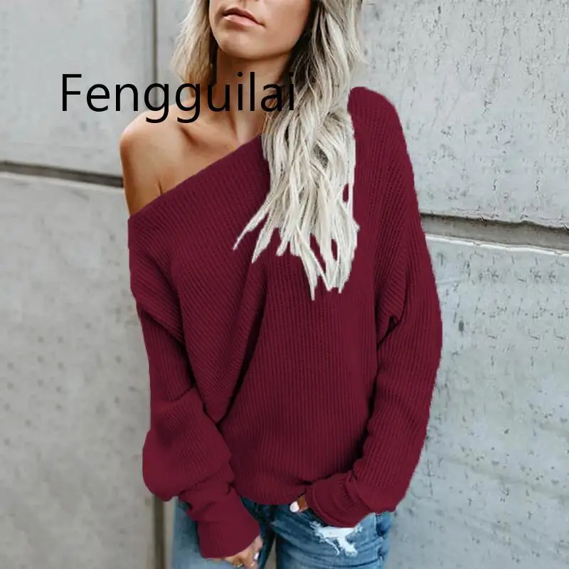 FENGGUILAI One Shoulder Sweater Women Loose Casual Pullovers And Sweaters Woman Autumn Solid Sweet Pullover