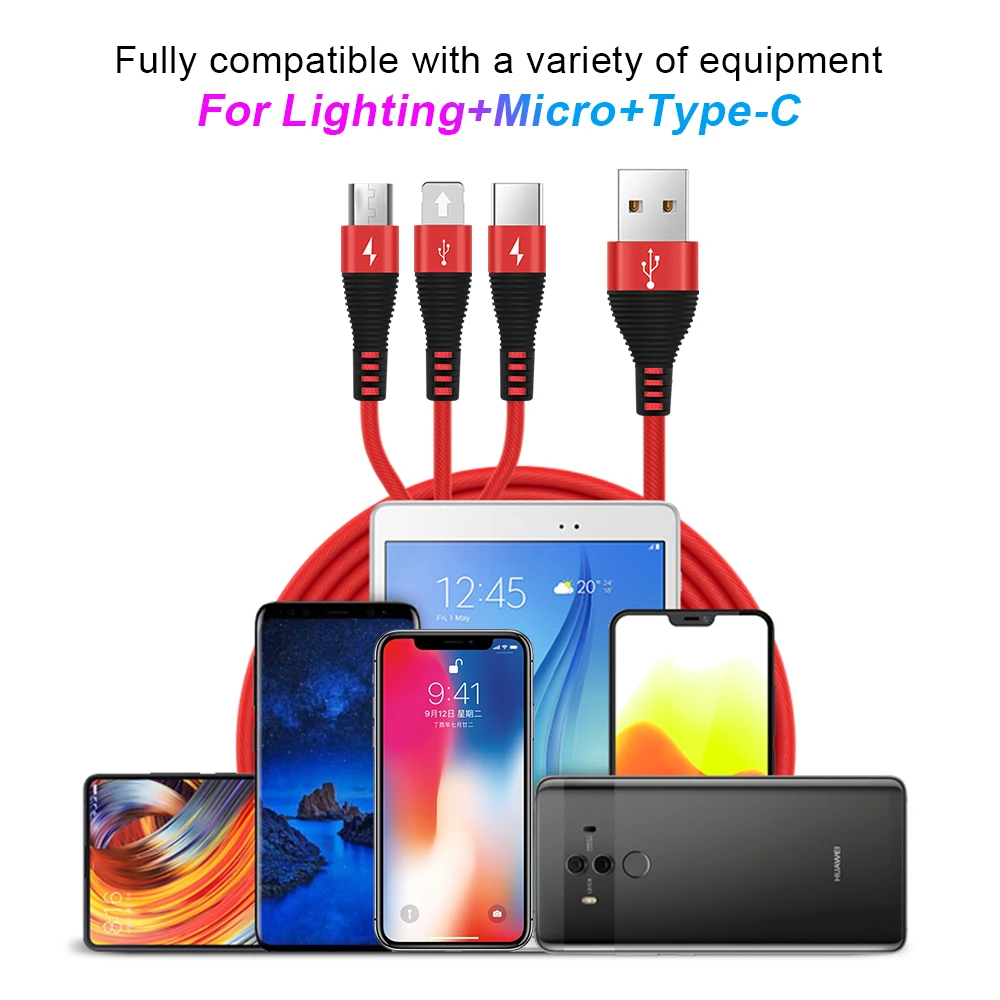 Мобильный телефон кабели для iphone 11 Pro Max Зарядное устройство Шнур 3 в 1 микро USB кабель для Android Тип usb C кабели быстрой зарядки провода