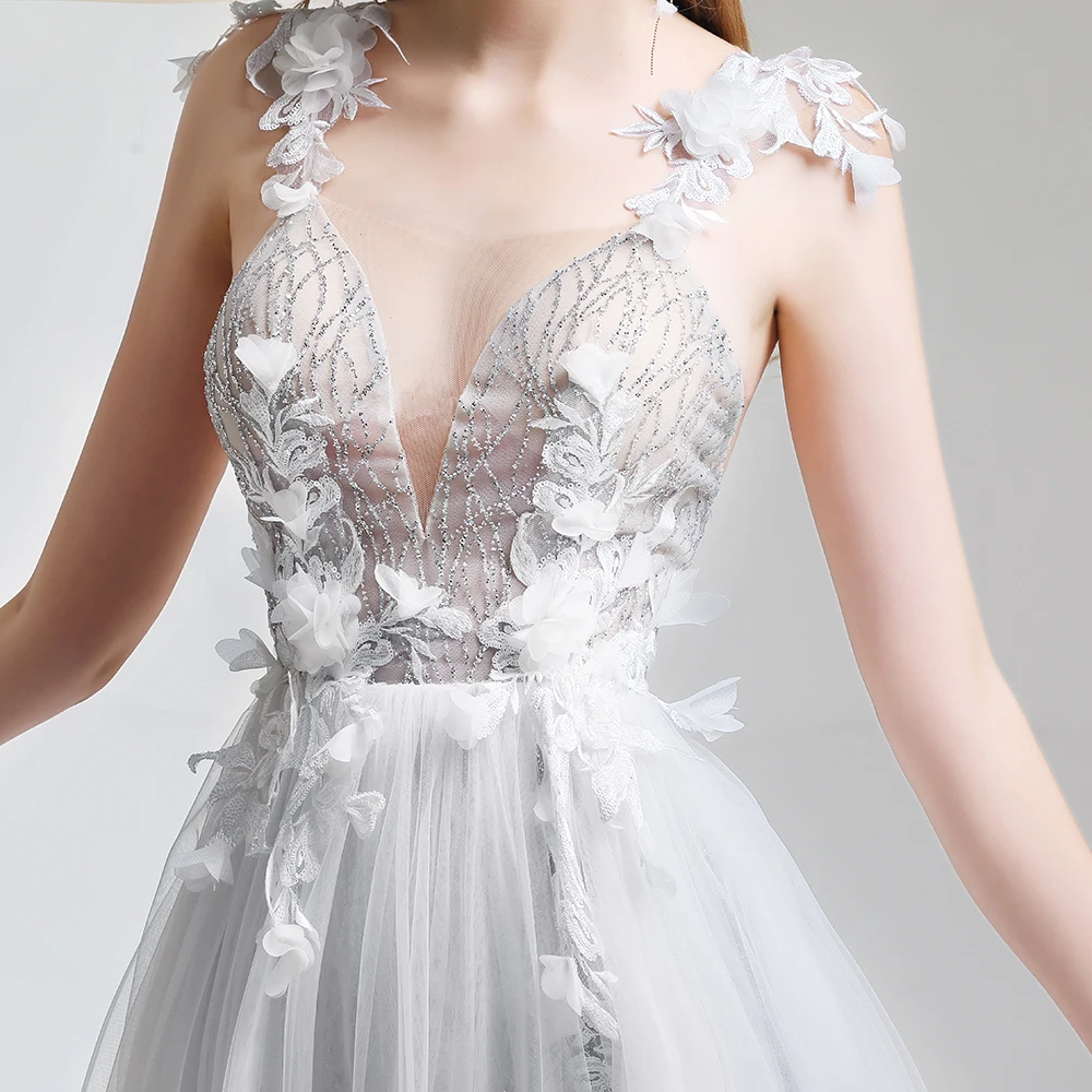 SSYFashion, новинка, белое кружевное вечернее платье, сексуальное, v-образный вырез, открытая спина, Пляжное Платье, Vestidos De Fiesta, для банкета, с цветами, вечерние, официальные платья
