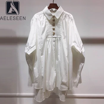 

AELESEEN Runway Fashion Irregular White Blouse 2020 High Quality Designer Button Short Sleeve Pleated Party Holidat Blouse