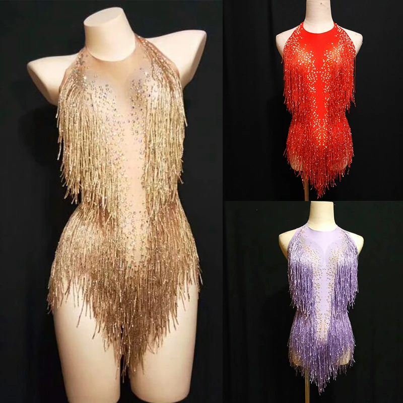 Sparkly Bodysuit Fringe Pole Dance Clothing Rhinestone Jumpsuit Sexy