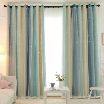 

Hollowed Out Stars Blackout Curtain Double-Layer Shading Window Drapes Gauze tulle curtain for Living Room Princess Kid Room