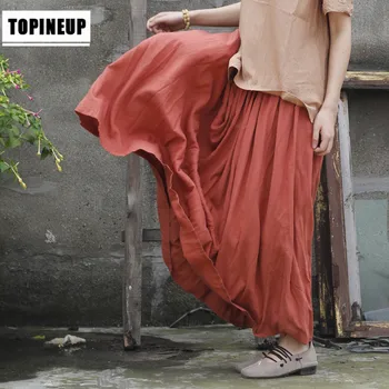 

Summer comfortable sell well Long Elastic Waist Loose Pleated Long Dress Solid Color Linen Skirts With Pocket For Ladies