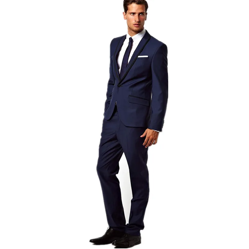 

Navy Blue Men Suits For Wedding Black Peaked Lapel Grooms Tuxedos Two Piece Suits Slim Business Office Work Suit terno masculino