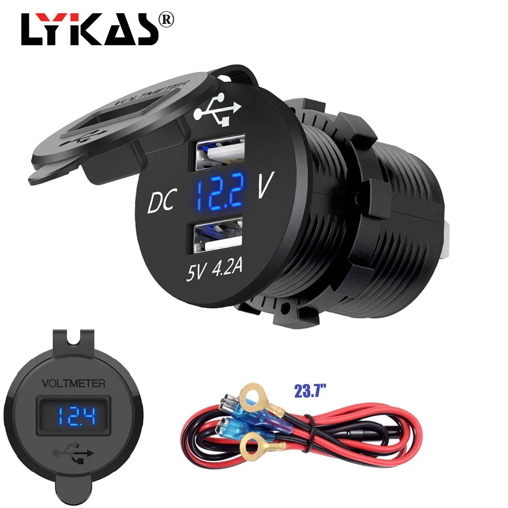 Автомобильное зарядное устройство LYKAS с двойным USB вольтметром и цифровым