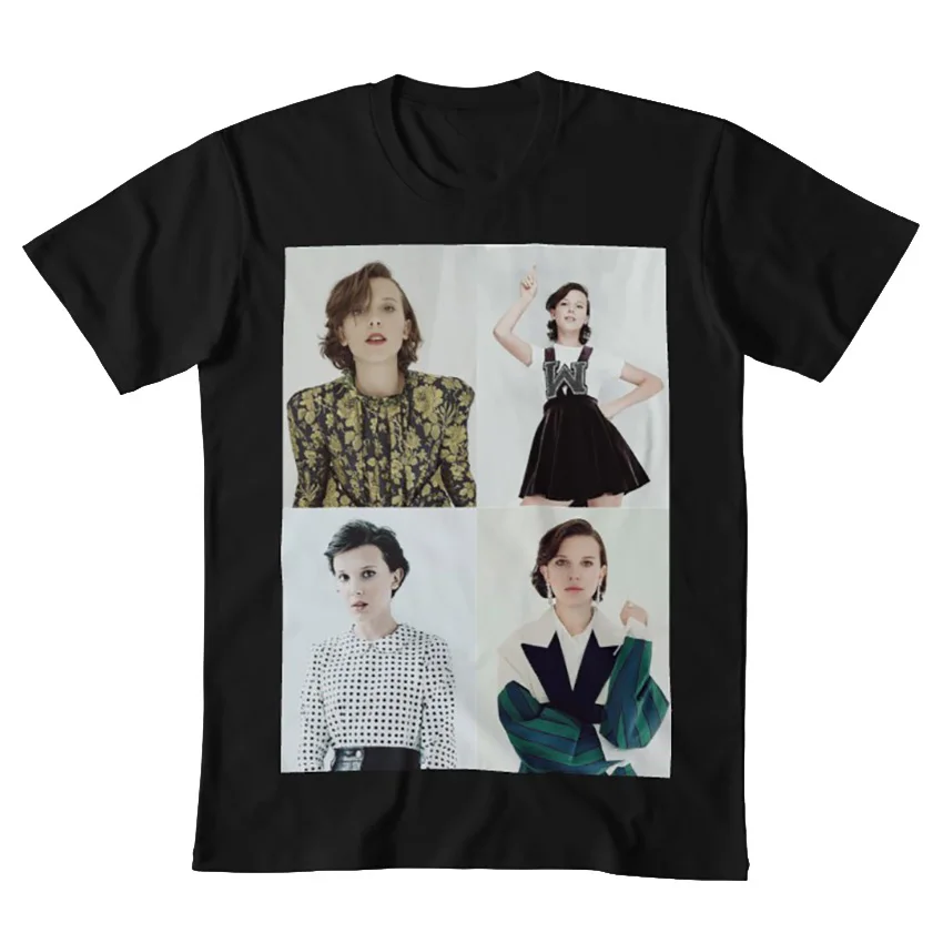 Millie Bobby коричневая футболка с коллажем eleven millie bobbie коричневый гатен matarazzo mike wheeler finn wolfhard caleb