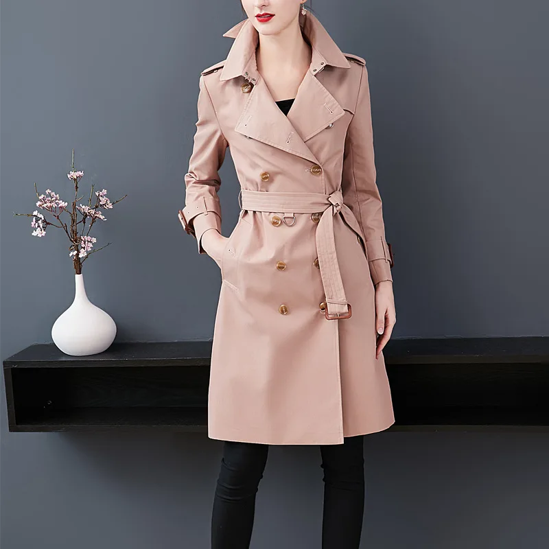British-Style Trench Coat Women's Long Gradient Colored Double-breasted High-End Custom Anti-Seepage Anti-Rain Cotton Gabardine - Цвет: Розовый