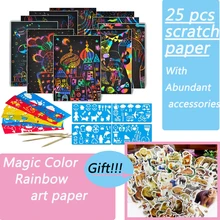 25 blätter Magie Farbe Regenbogen Scratch & Aufkleber Kunst Papier Karte Set mit Graffiti Schablone für Zeichnung Stick DIY Malerei spielzeug Kinder W