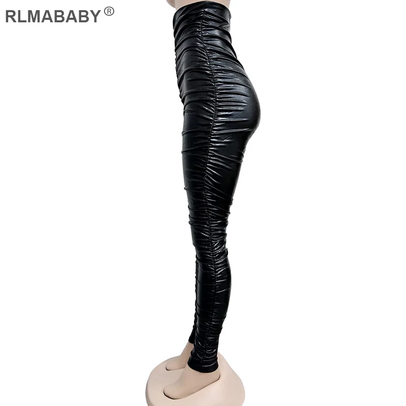RLMABABY модные штаны для ночного клуба с рюшами из искусственной кожи с высокой талией женские золотые штаны на молнии сзади женские осенние сексуальные узкие брюки