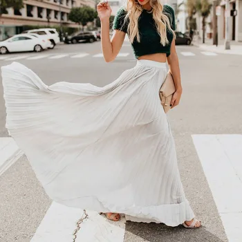 

Pleated Chiffon High Waist Women's Maxi Skirts Floor Length Solid Long Skirt Ladies 2020 Loose Green Black Red Bottoms Female