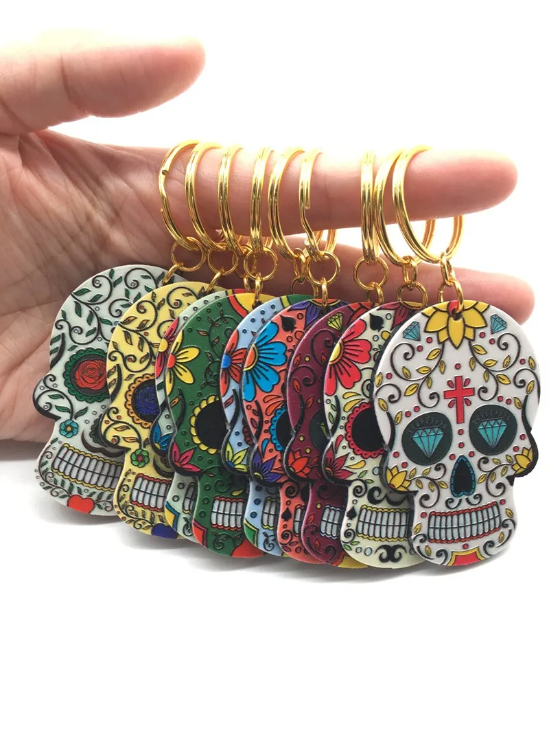 

Sugar Skull Keychains Calavera Sugary-Sweet Whimsical Skull Key chain Keyrings Relief KeyChain Personalized Skeleton Key Ring