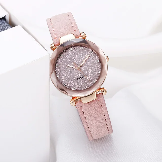 Модные Женские Романтические звездное небо наручные часы браслет кожа со стразами, дизайнерские женские часы простое платье Gfit Montre Femme - Цвет: Pink