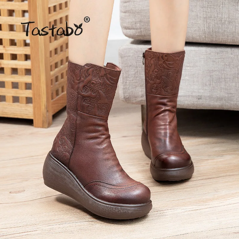 Best Real Leather Short Boots Women Fashion Platform Warm High Heel Winter Shoes Woman Casual Daily Boot Footwear A1907-6