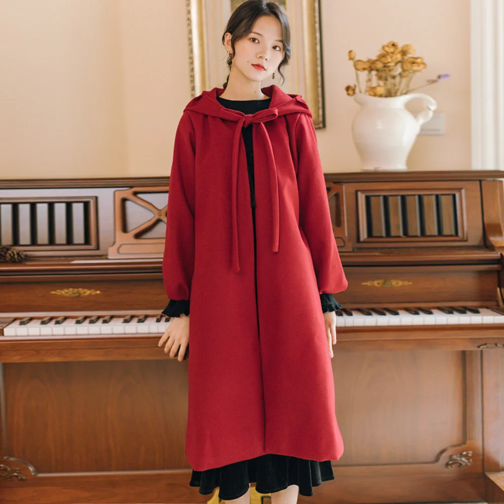 

Vintage Mori Girl Solid Red Overcoat Hepburn Style Long Hooded Cloak Woolen Coat Lace-up Winter Outwear Retro Wool Blend
