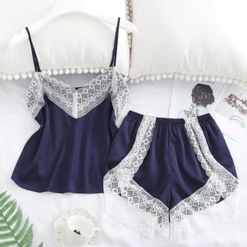 

2 Piece Set Women's Silk Pajama Sets Lace Patchwork Camis Tops+Shorts Female Sleepwear 2020 Summer Sexy Lady Pajamas Suit