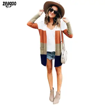 

Women Casual Long Sleeve Stripe Knitted Open Winter/Spring/Autumn Front Cardigan Sweater Hip Length Outwear