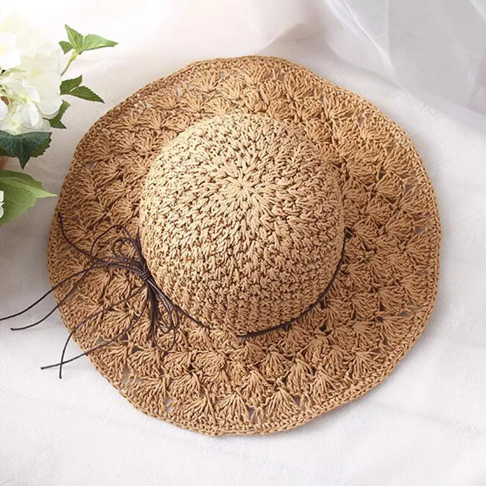 Studyset Woman straw hat straw weaving Handmade Straw Hat Large Brim Foldable Beach Bow Knot Sun Hat 80g