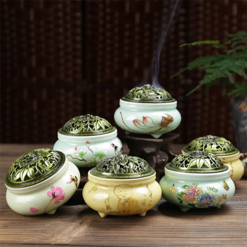 Керамический Лотос крышка Celadon благовония горелка ручной работы ручная роспись подставка для ароматических палочек Будда катушки благовония курильница домашний декор