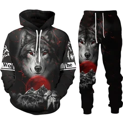 Ensemble pantalon à capuche imprimé loup en 3d pour homme, sweat shirt décontracté, survêtement, à la mode, automne et hiver 