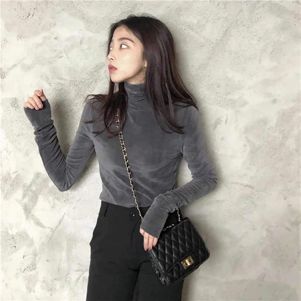 Women T-Shirt  Soft Fleece Velvet Turtleneck Shirt Solid Long Sleeve Autumn Fitness Vintage Girls Bottom Tops Women Clothing