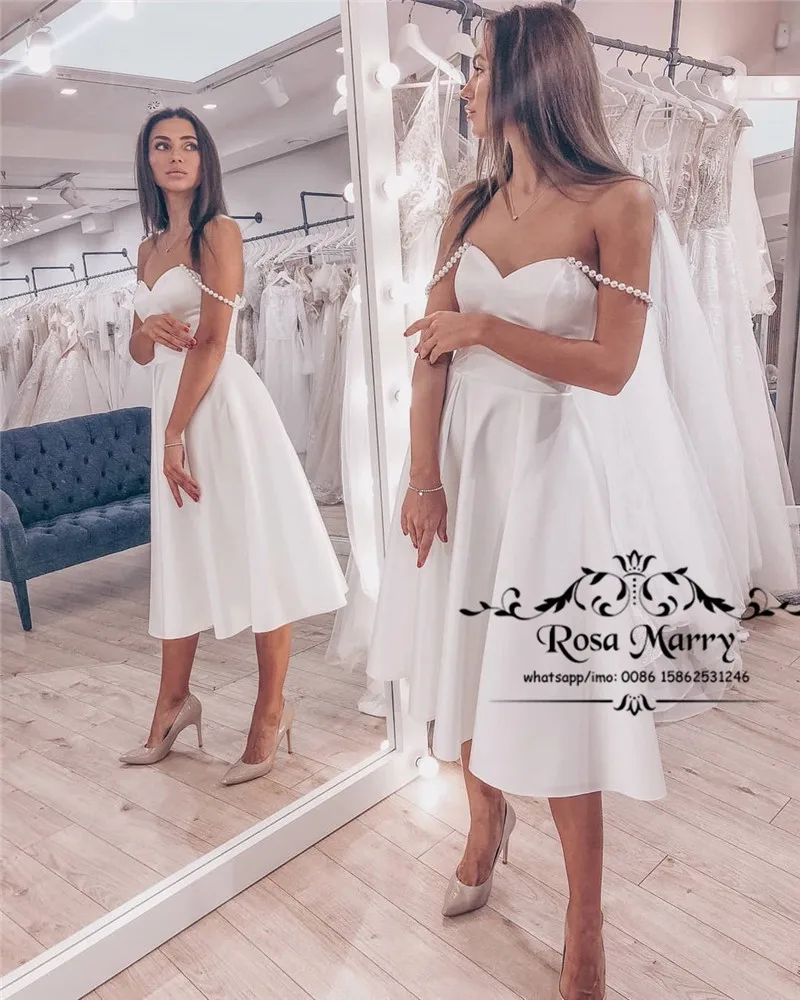 

Modest Plus Size Short Beach Wedding Dresses 2020 A Line Off Shoulder Pearls Knee Length Simple Cheap Vestido De Novia