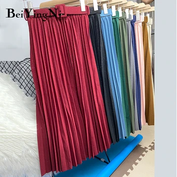 

Beiyingni Autumn Winter Midi Skirt Women Bling Casual Vintage With Belt Shiny Glitter Pleated Skirts Ladies Fashion Faldas Mujer