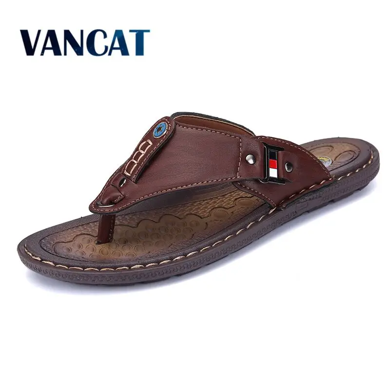 

2019 New Brand Men Slippers Summer Beach Shoes Men Flip Flops High Quality Casual Sandals Leather Slip-On Breathable Sandalias