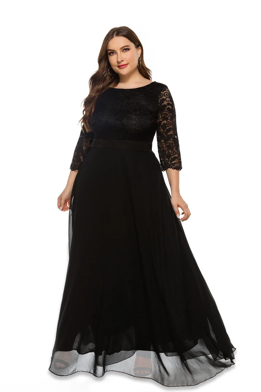 Dresses For Women 2021 Elegant  Dress  Plus Size Hollow Lace Chiffon Stitching Round Neck Three-Quarter Sleeves High Waist Dress