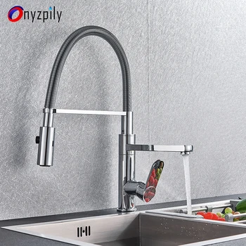 

Kitchen Faucet Chrome Pull Down Deck Mounted 2 Swivel Spout Hot and Cold Kitchen Sink Tap with Stream Spray Kitchen Shower Head