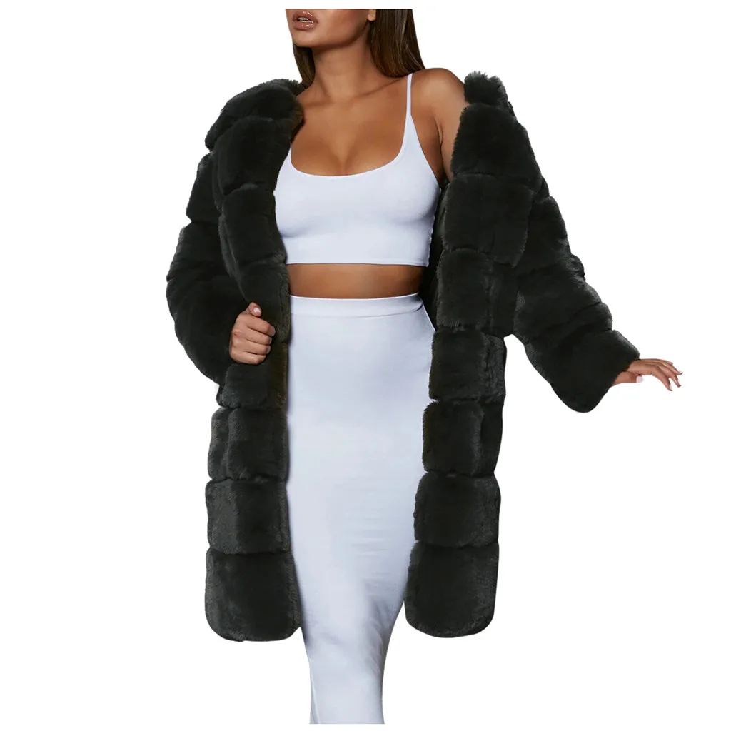 Пальто средней длины из искусственного меха, Женское зимнее меховое пальто из искусственного меха, женское теплое пальто из искусственного меха, женская верхняя одежда с длинным рукавом - Цвет: Черный