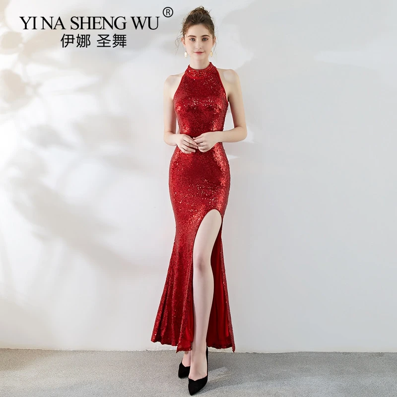 

New Mermaid Long Dress Sequined Slit High Neck Halter Sequin Beading Fishtail Robe De Soiree Abiti Da Cerimonia Da Sera Vestidos