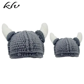 

Adult Children Novelty Handmade Crochet Knitted Beanie Cap Funny Cartoon Ox Horns Viking Barbarian Skull Cap Ear Warmer