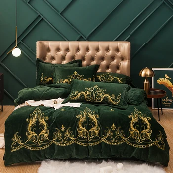

Luxury Green Blue Brown European Gold Embroidery Winter Fleece Flannel Velvet Bedding set Duvet cover Bed Sheet/Linen Pillowcase