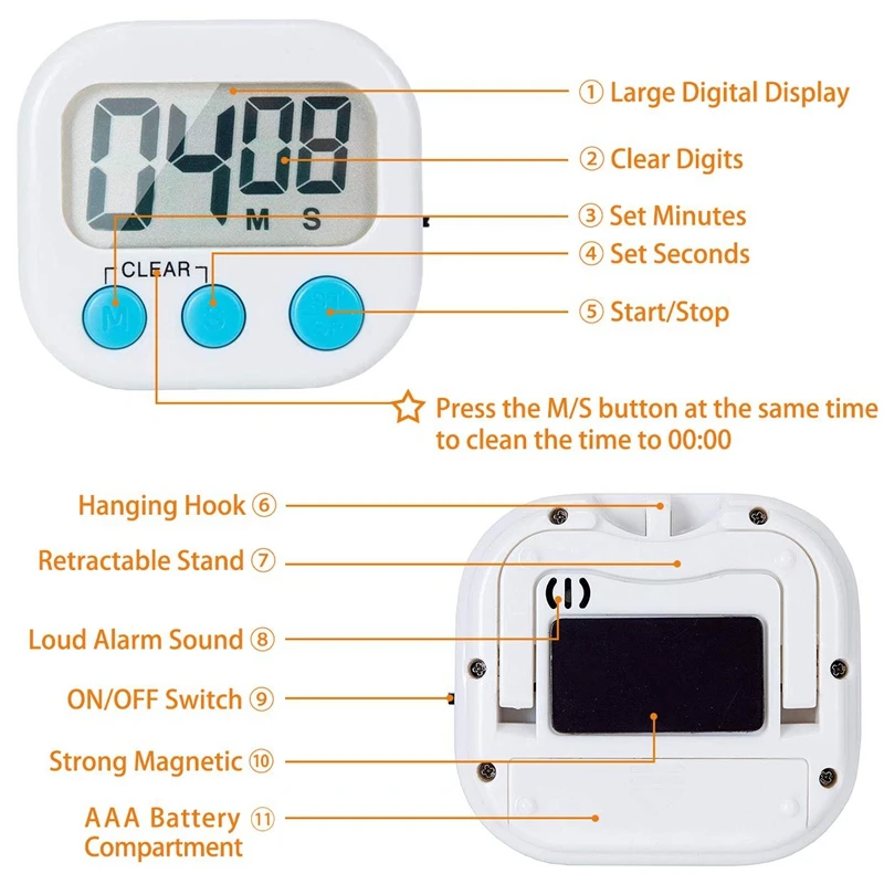 12 Packs Digital Kitchen Timer Cooking Classroom Small Timer for Kids Teachers Large LCD Monitor Loud Alarm Strong White