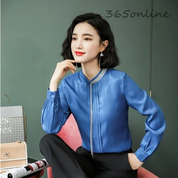 

2019 Spring Autumn Formal OL Styles Long Sleeve Chiffon Blouses and Shirts Novelty Blue Office Ladies Work Wear Tops Blouse