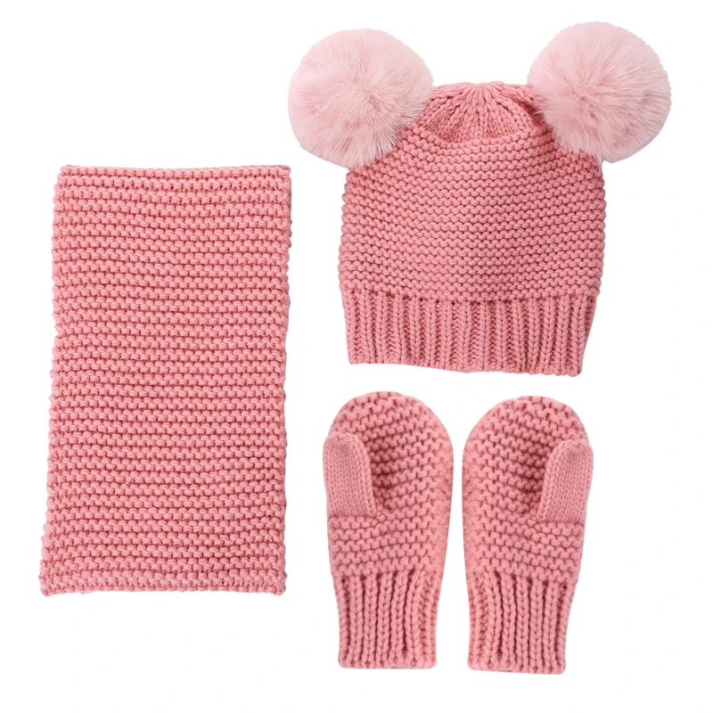 Hat Scarf Gloves Set Beanie Cap Children Fake Ball Pompon Warm Winter Mittens 97BC