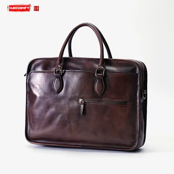 

Handmade Leather Men's Bag Laptop Handbag Portable Retro Business Briefcase Men Shoulder Slung Computer Bags First Layer Leather