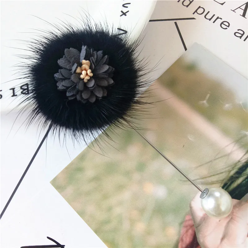 Korean Cute Mink Hair One-word Brooches Fashion Pearl Fabric Flower Long Needle Pin Lapel Badge Jewelry for Women Accessories | Украшения и