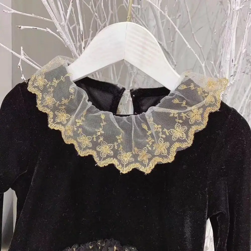 Instock/платье для девочек черная бархатная Лоскутная кружевная сетчатая Одежда для девочек верхняя одежда, вечерние платья платье для девочек 3, 4, 6, 8, 10, 12 лет