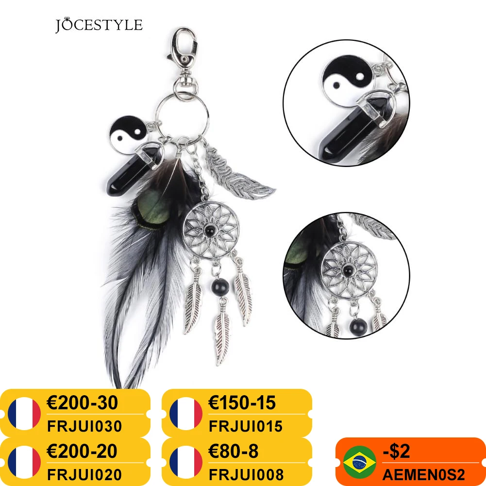 Charm Black Opal Stone Keyring Opala Carro Feather Dreamcatcher Men leather Bag Keychain Car Key Holder Women Jewelry | Украшения и