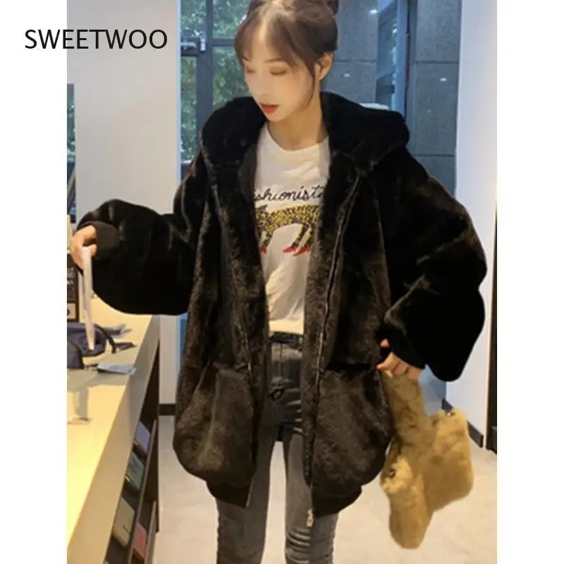 Winter Thick Warm Faux Rabbit Fur Coat New Women Long Sleeve Hooded Fur Jacket Coats Fashion Outwear