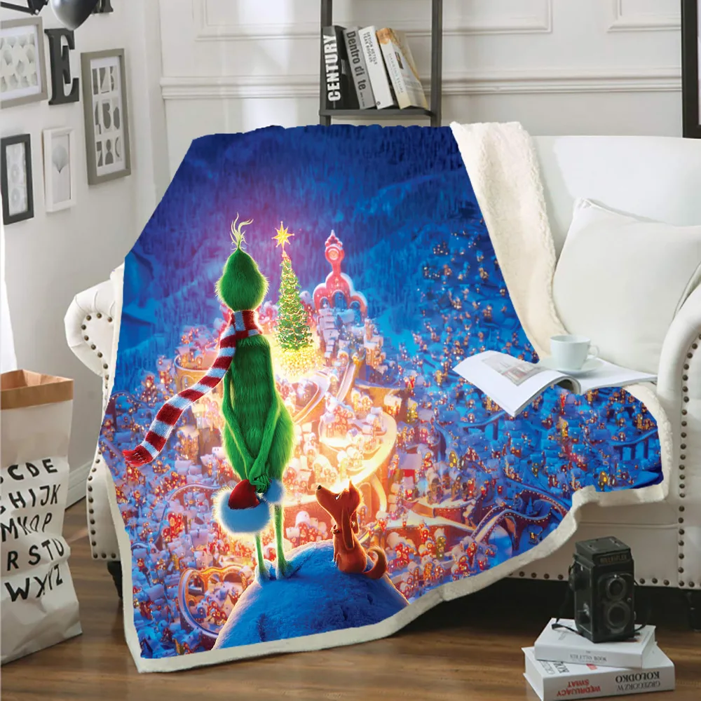 

Plush Throw Blanket 3D Hoodie Blanket Grinch Stole Christmas Printed Sherpa Fleece Microfiber Throw Blanket Gift Kids Gift
