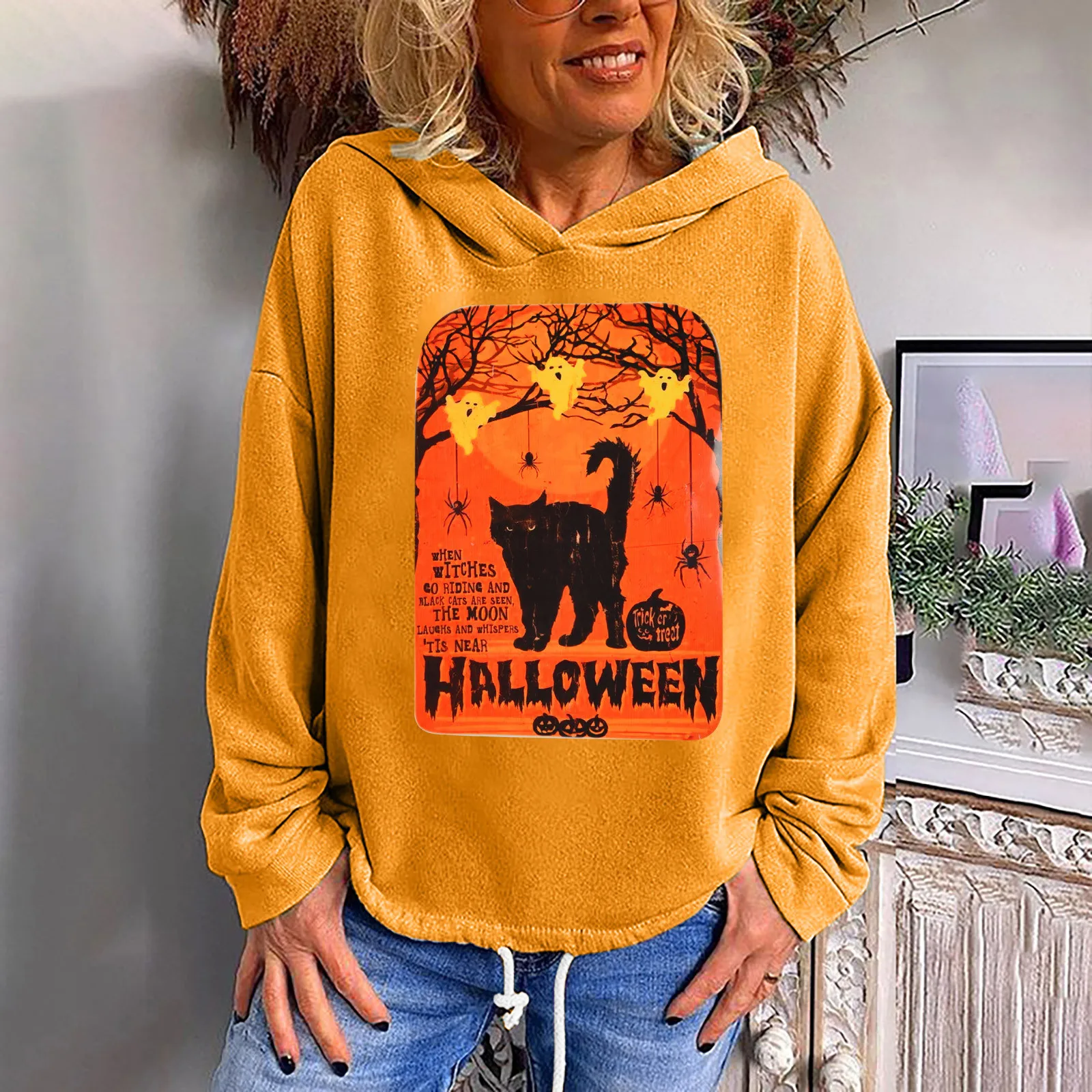 Hoodie Women's Clothing Casual Long Sleeve Halloween Pumpkin Cat Skeleton Sweatshirt Ladies Blouse Tops When witches go riding 1