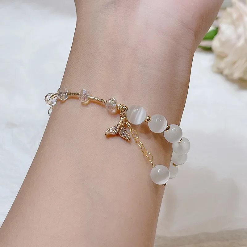 Cat/Fox/Moon/Mermaid Tail Lucky White Cat's Eye Stones Beaded Bracelets for Women Girls Fashion Jewelry Christmas Gifts