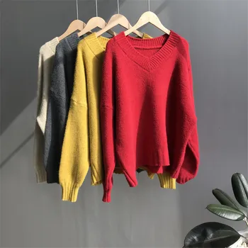 

High Quality Winter Women Sweaters 2020 Spring V-Neck Red Pullovers Loose Knitted Sweaters Female Jumper Tops ZFF19259