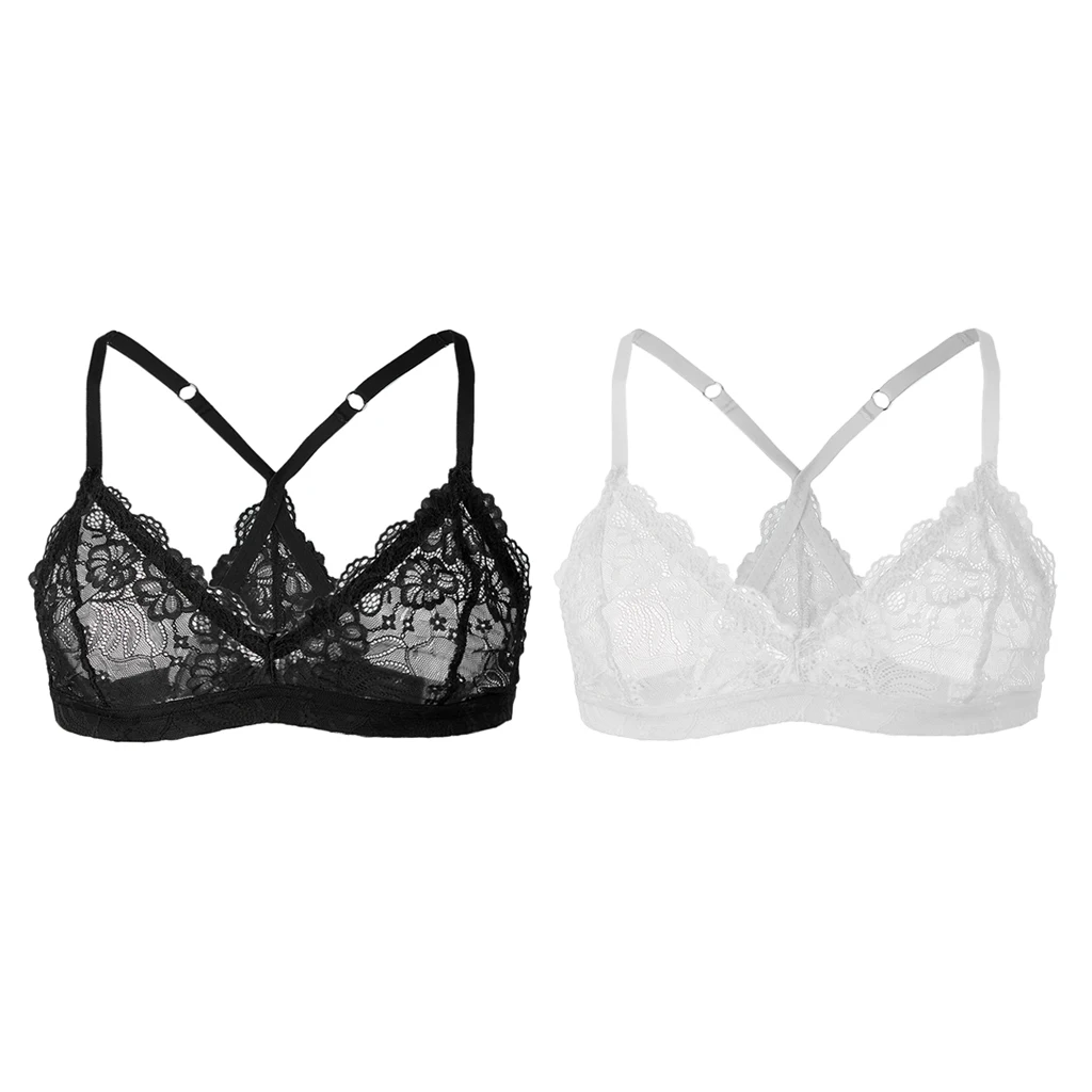 2Pcs Mens Sissy Lingerie Bralette Adjustable Shoulder Strap Lace Bra White+Black