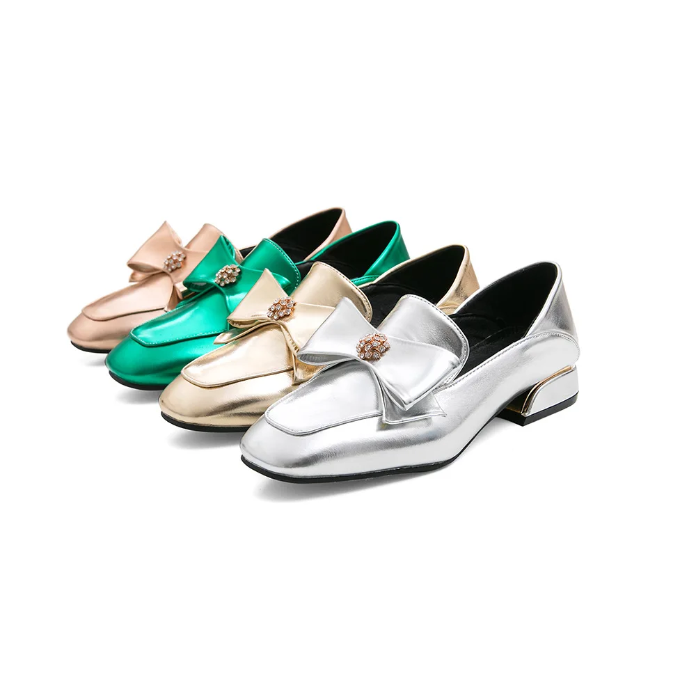 

Spring Square Head Bow Man-made Diamond Low Heel Loafers Big Size-