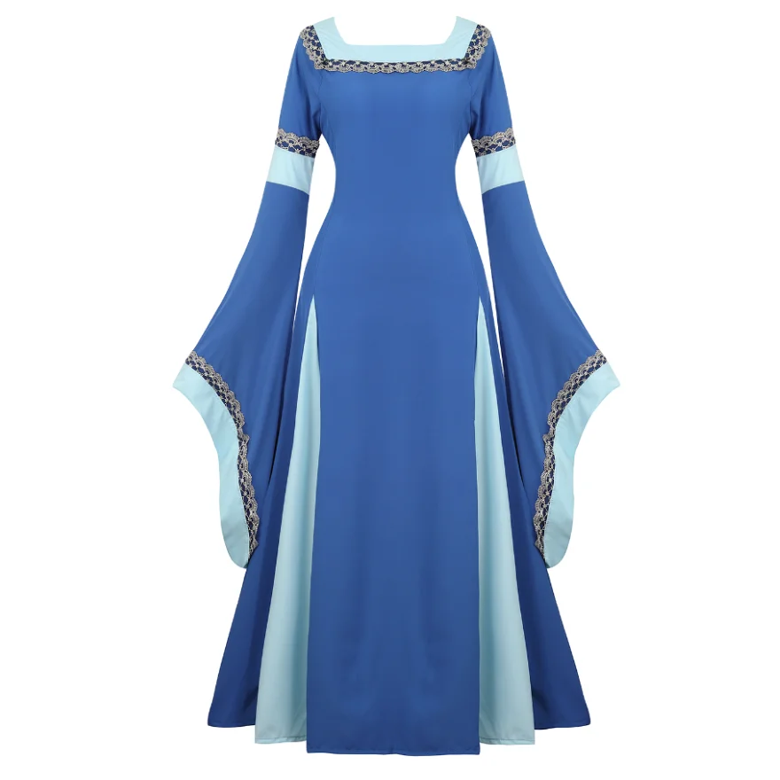 Women Medieval Renaissance Trumpet Sleeve Retro Loor Length Gown Lace ...